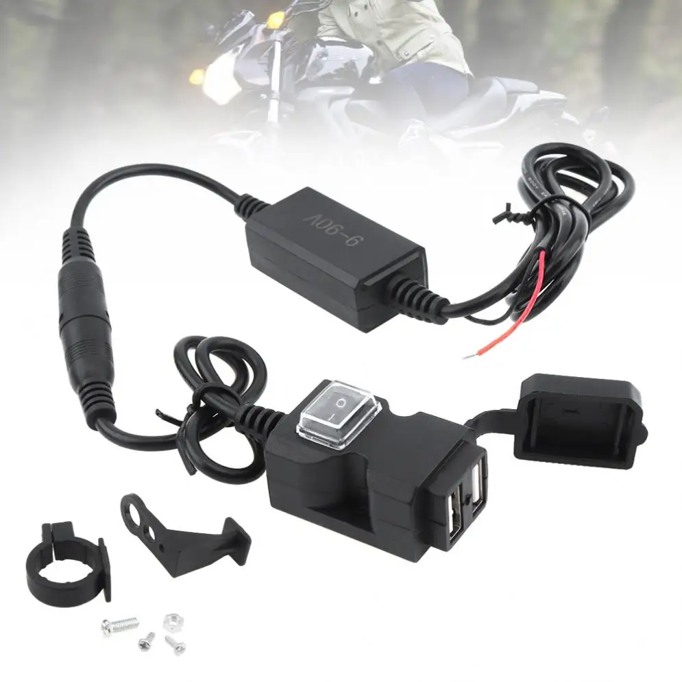 9V - 90V DC 5V 2.1A 1A Double USB Adapter Waterproof Motorcycle Charger with Switch Button and 2 Kinds Base Brackets