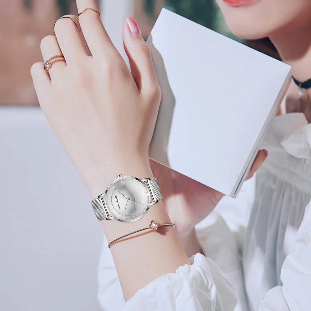 MINI FOCUS Luxury Fashion Women Creative Watch Rhinestones Lady Quartz Watches Waterproof Steel Mesh Band Wristwatch Girl Reloj