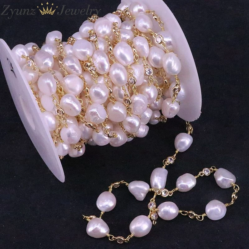 3 Meters, Freshwater Pearl and White Zirconia Rosary Beaded Chain -Pearl Beads Wire Wrapped Rose Gold/Gold / Silver Color Chain
