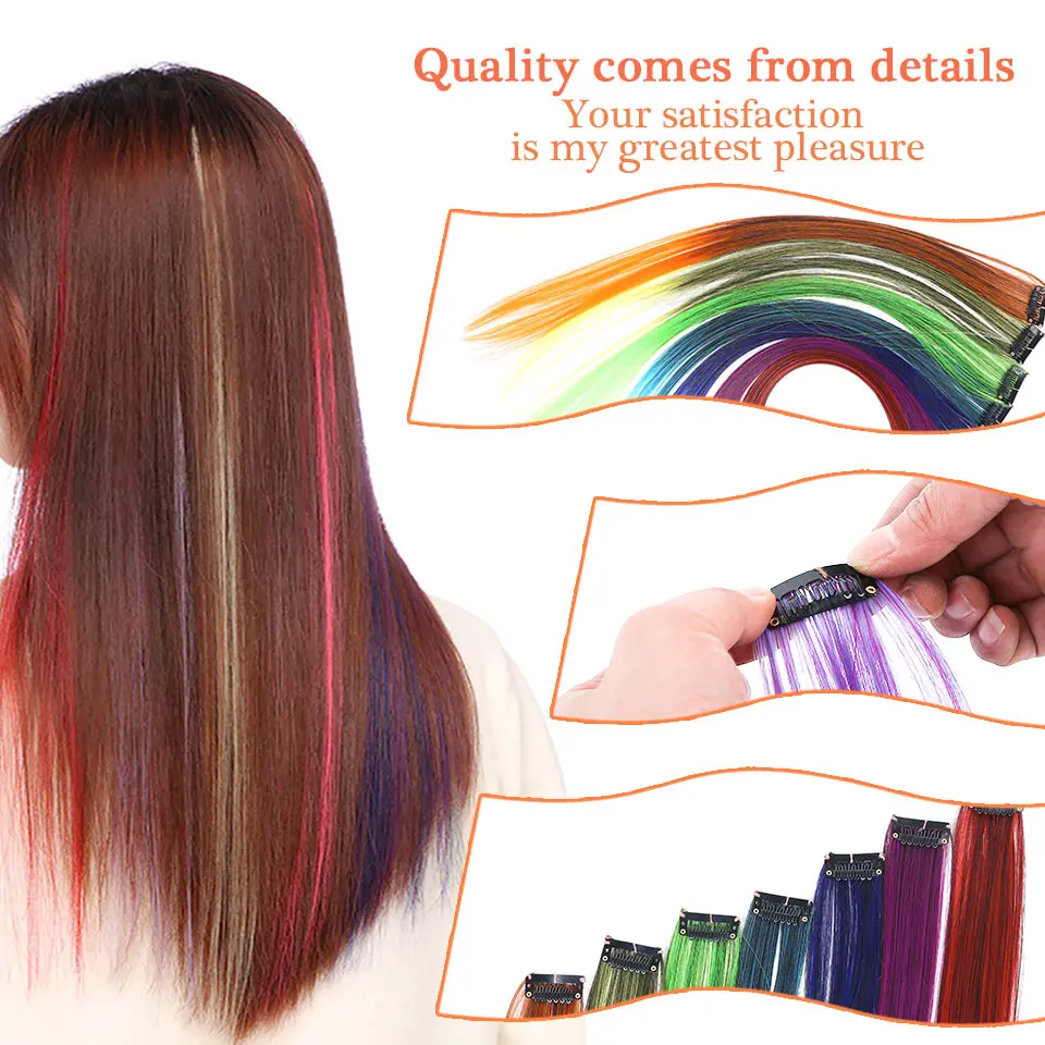 BUQI Straight Fake Colored Hair Extensions Clip Rainbow Hair Streak Synthetic Pink Orange White Purple Hair Strands on Clips