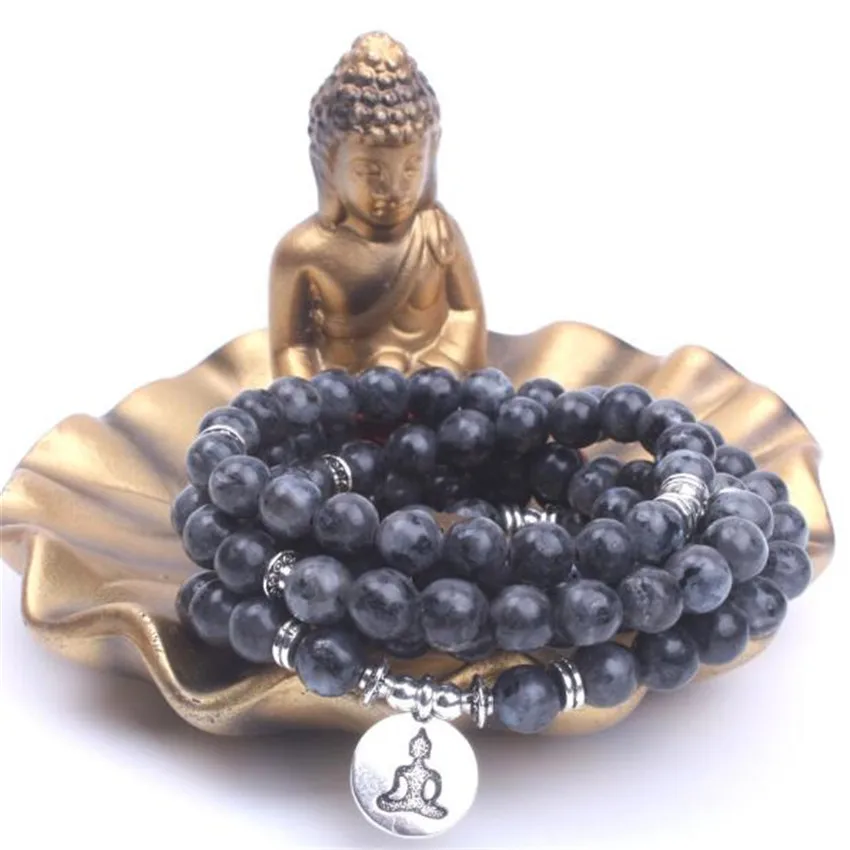 

8mm Spectrolite Gemstone 108 Beads Tassel Mala Necklace elegant Buddhism Chakas Wrist Sutra Meditation Lucky yoga fengshui MONK