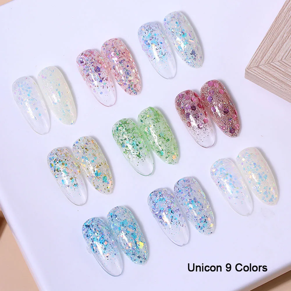 ยาทาเล็บเจลวิ้งวับ Vendeeni 15 มล. 9 สี/ชุด กลิตเตอร์ เซควินส์ เจลยูวี แอลอีดี สีสันสดใส พร้อมการ์ดสี ปราศจากสาร TPO/HEMA