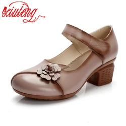 Xiuteng 2022 autumn new national style cowhide mother shoes mid-heel thick heel women's leather shoes shallow mouth single shoes