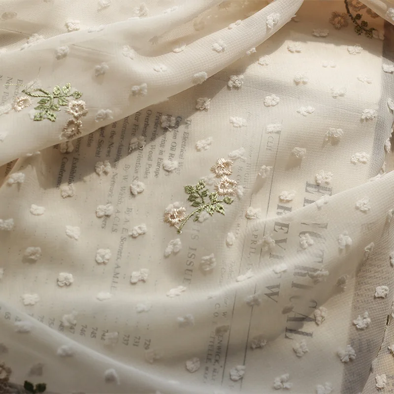 New Lover Grass Chiffon Fabric Jacquard Cut Flowers Swiss Dot Embroidery Small Floral Fabric For Dress Clothing, By The Meter