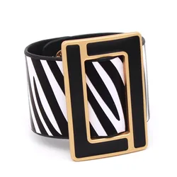 2024 New Fashion Brindle Wide Leather Bracelet for Women Black White Geometric Metal Bracelet Wrap Charm Jewelry Femme Gift