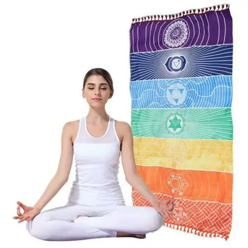 Ladies Fitness Yoga Tapestry Rainbow Mandala Stripe Meditation Yoga Mat Ladies Bath Towel Multifunctional Blanket