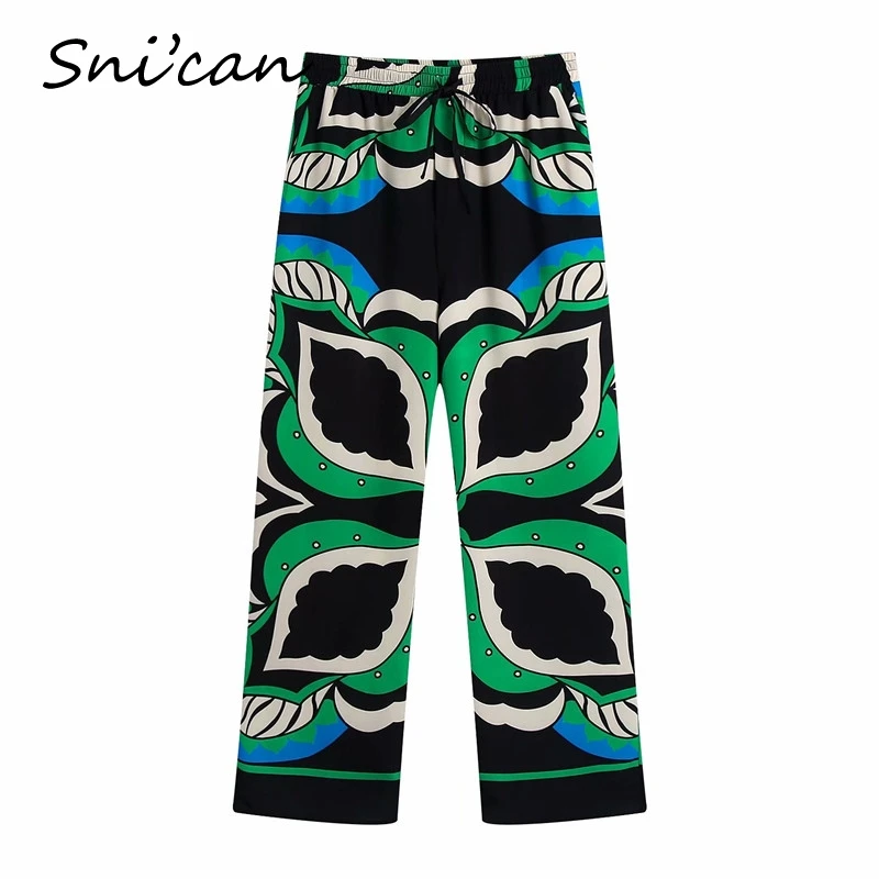 Women Leaves Print Pants Fashion Draw String Elastic Waist Pantalon Pour Femme Casual Oversize Vintage Bottom Streetwear Za 2021