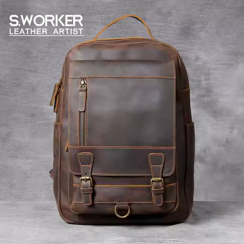 S.WORKER Vintage Genuine Leather Backpack Laptop Bag Crazy-horse Leather School Bag Outdoor Travel Weekender Shoulder Bag