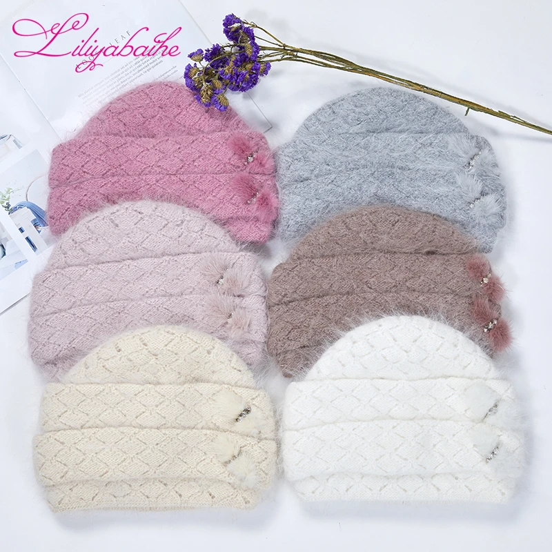 Liliyabaihe Winter hat Women Diamond Double three-dimensional knit hat Mink decoration 6 colors