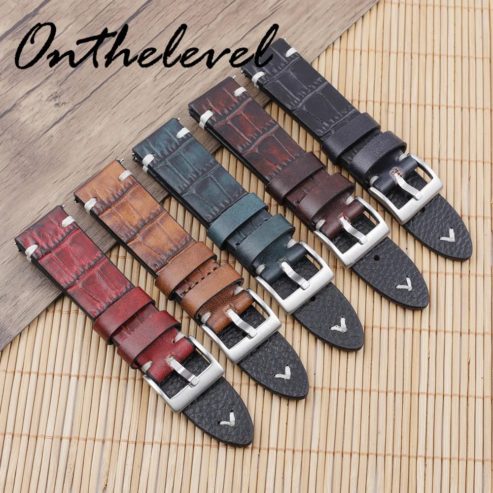 Handmade Alligator Stitching Watch Strap 18mm 20mm 22mm 24mm Quick Release Watch Belt Replacement Genuine Leather Watchband