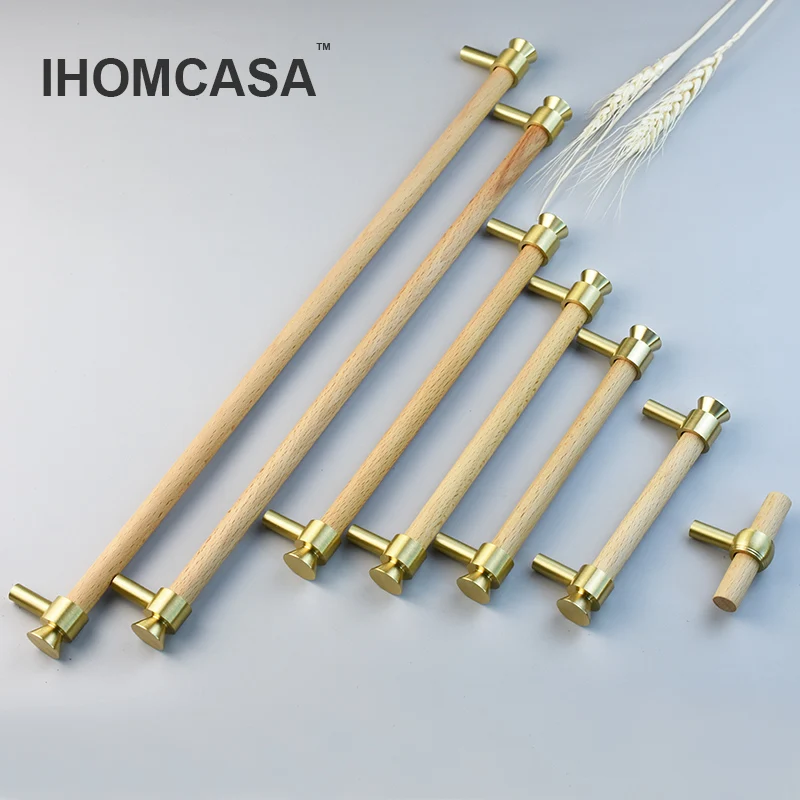 IHOMCASA Natural Wood+Golden Brass T-Bar Furniture Door Handles Wooden Handle Wardrobe Drawer Knobs Kitchen Shoe Cabinet Pulls