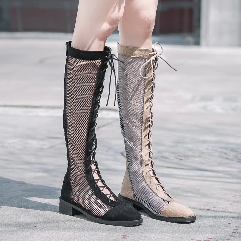 

Summer Street Trend Mesh Ladies Boots Chic Show High Mid-Calf Women Boots Ins Zippers Pumps Breathable AirMesh Sexy Shoes