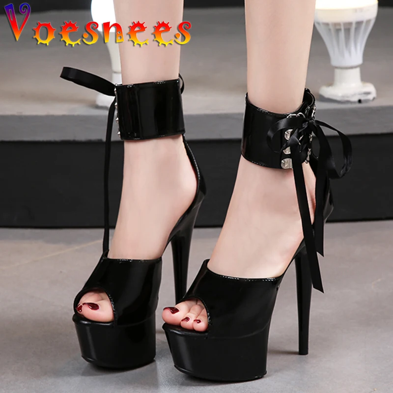 Candy Color Thin Heels Adult Stripper Shoes Summer Platform Solid Color Ankle Strap Pumps Patent Leather Sexy Party Women Shoes