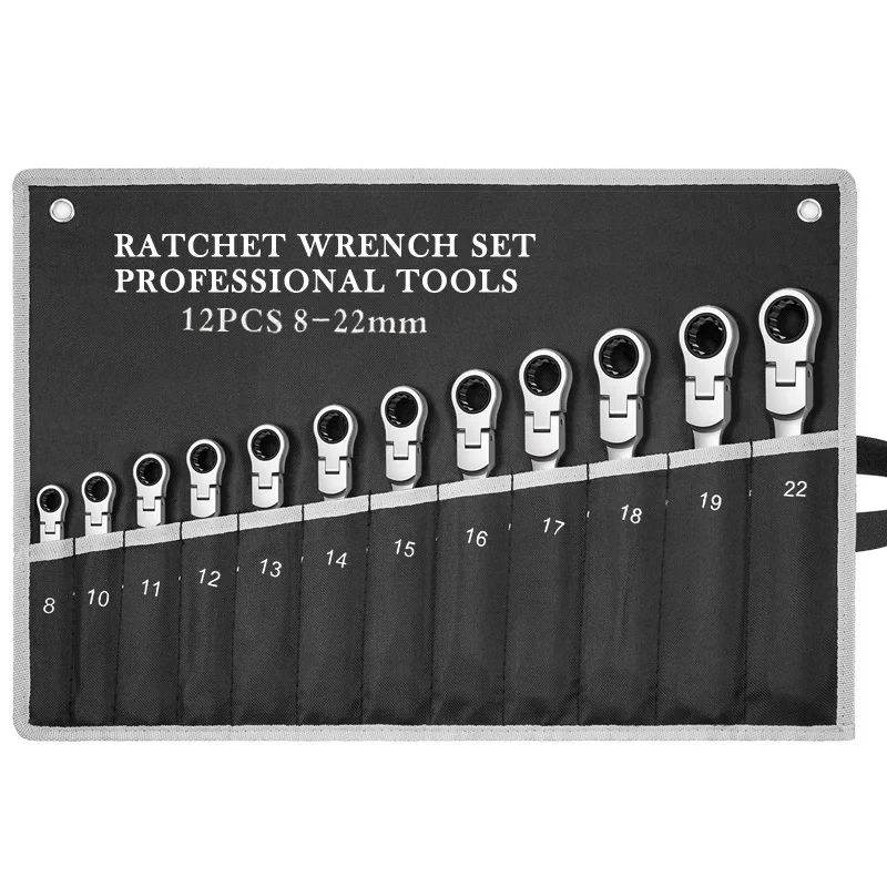 12 Piece Metric Flex-Head Ratcheting Wrench Set,Professional CR-V Ratchet Wrenches,Combination Ended Spanner Kit with Canvas Bag