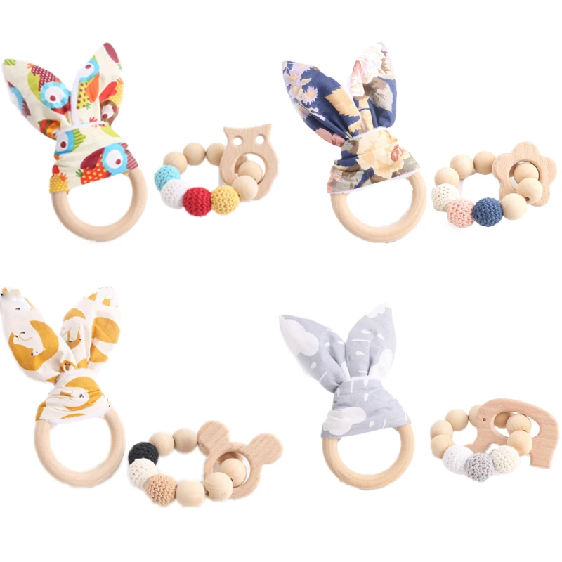 

2PCS Baby TeetherS Bunny Ear Wood Ring DIY Teething Wooden Bracelets Made Beech Animals Shower Gift Play Gym Toy Baby Rattle