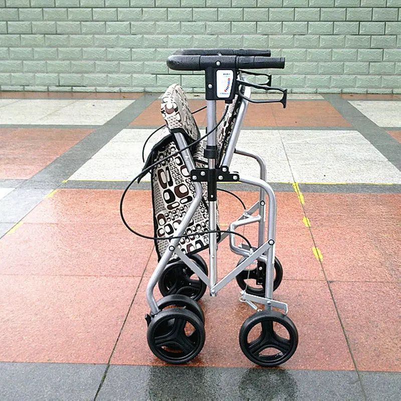 Four Wheel Seniors Roller Walker With Seat & Brake, Lightweight Foldable Elderly Wheelchair, Portable The Aged Stroller