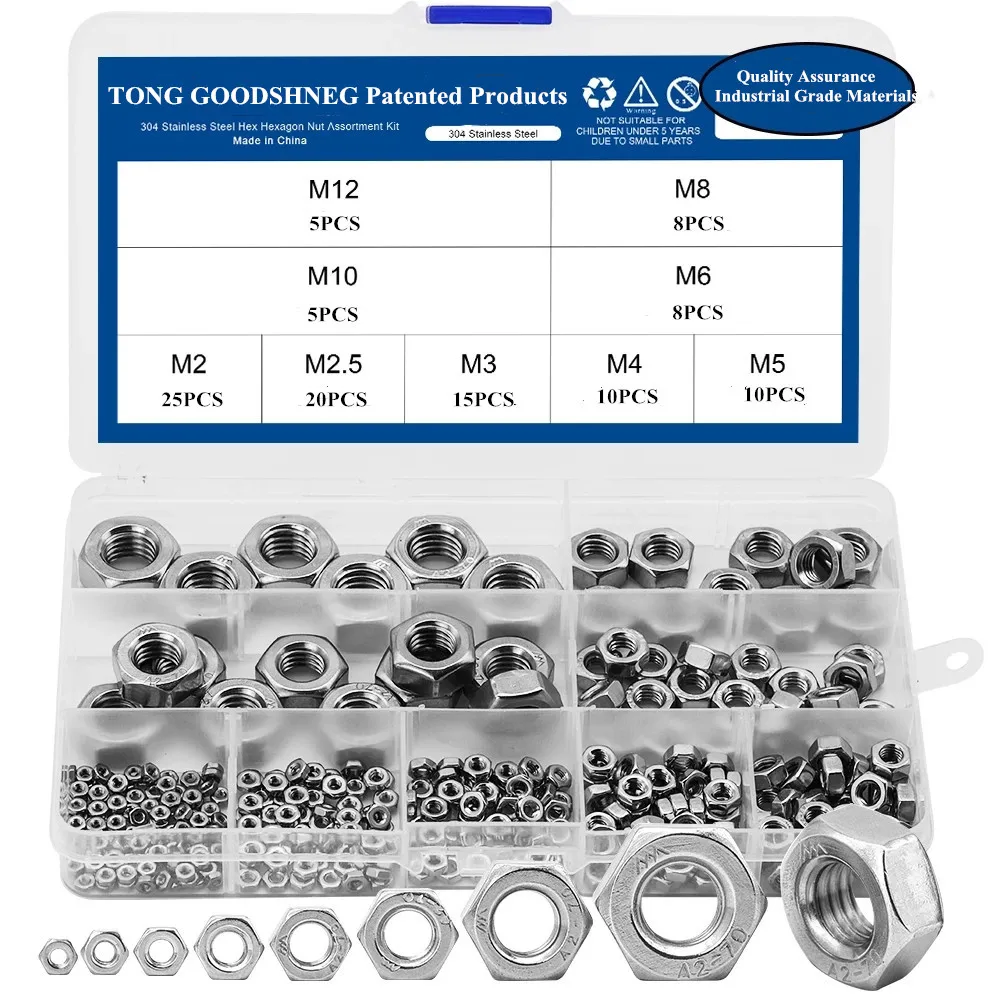 

304 Stainless Steel Metric Hex Nuts Set Hex Hexagon Nuts Assortment Kit M2 M2.5 M3 M4 M5 M6 M8 M10 M12 DIN934,Home Hardware