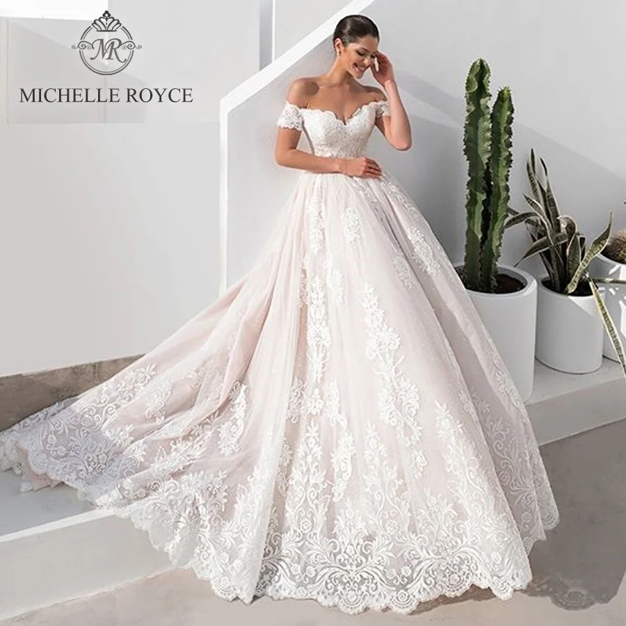 

Michelle Royce A-Line Sweetheart Wedding Dresses 2024 Off the Shoulder Short Sleeve Chapel Train Wedding Gown Vestidos De Novia