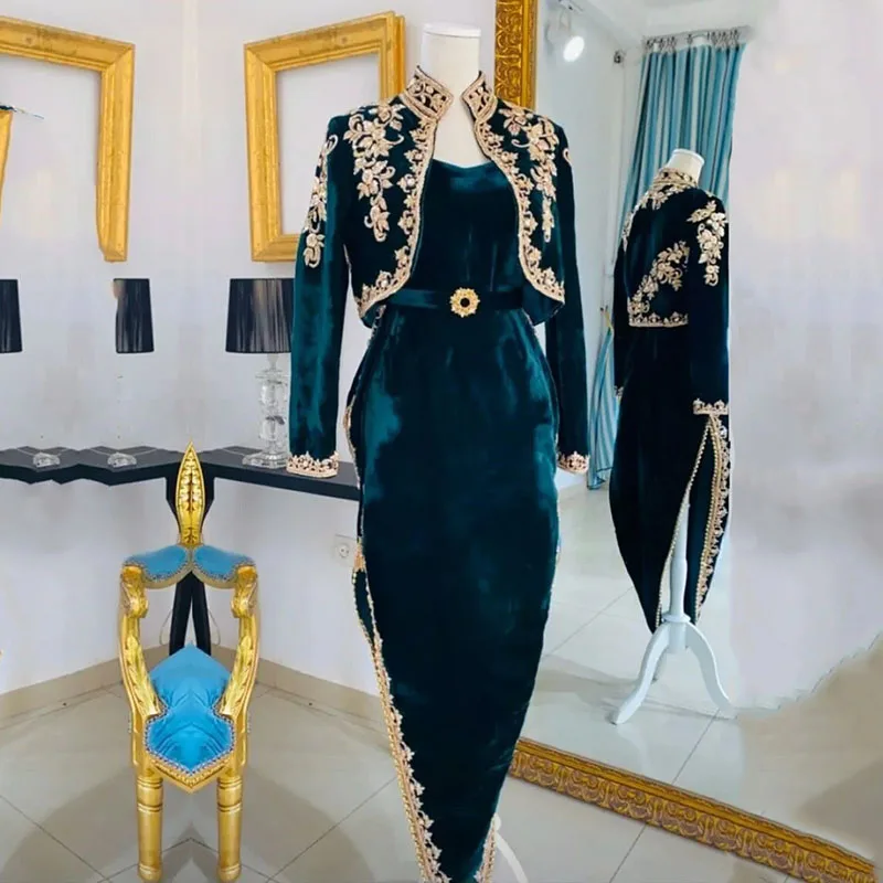 Eightale Arabic Algerian karako Evening Dresses Dubai Velvet Caftan 2 Pieces Gold Appliques Royal Blue Kaftan Prom Party Dress