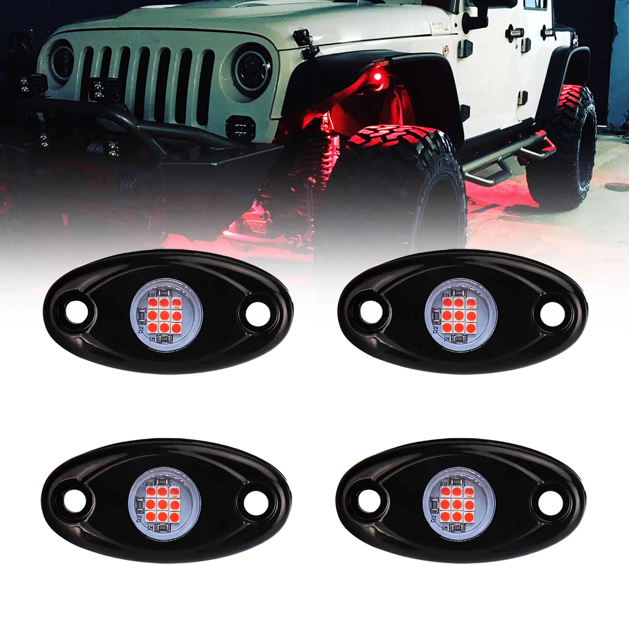 PSEQT 4Pcs Red LED Rock Lights Waterproof Off-Road Underbody Light for Jeep Offroad Truck ATV UTV Underglow Lamp