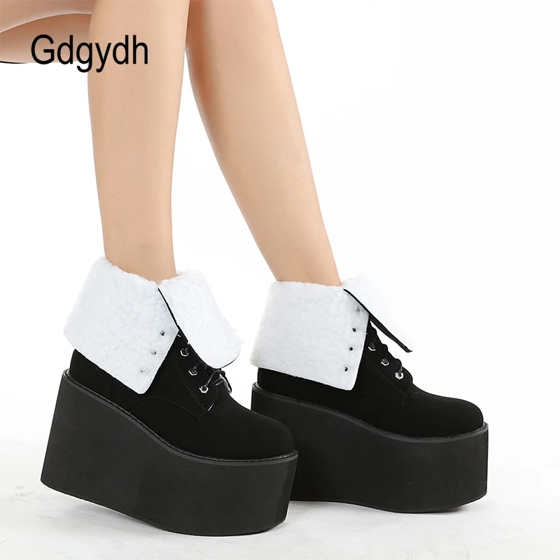 Gdgydh Japanese Harajuku Punk Shoes Winter Boots Women Waterproof Snow Thick Platform Bottom Snow Boots Fur Lace Up Top Quality