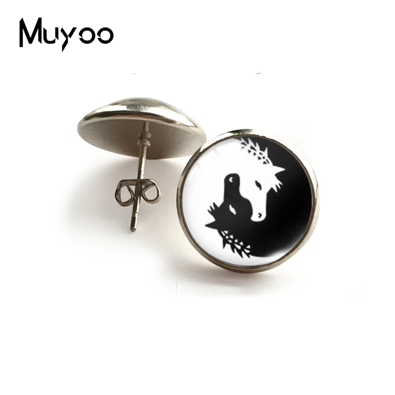 2021 New Ying Yang Horse Stud Earring Unicorn Round Earrings Glass Dome Jewelry Gifts Women