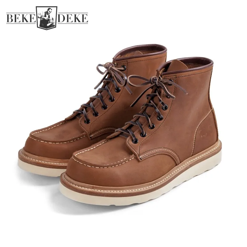 Handmade Vintage Classic Safety Working Shoes Men Lace Up Genuine Leather Ankle Boots Real Cowhide Casual Autumn Platform Boots