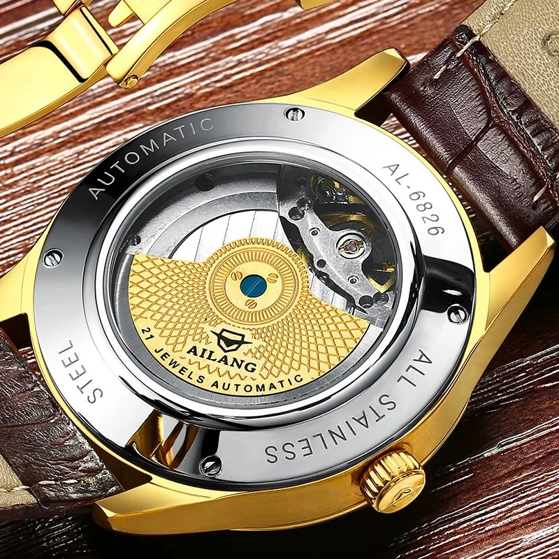 AILANG New Luxury White Dragon Dial Men Watch Simple Waterproof Blue Pointer Fashion Men Automatic Mechanical Leather Watch 6826