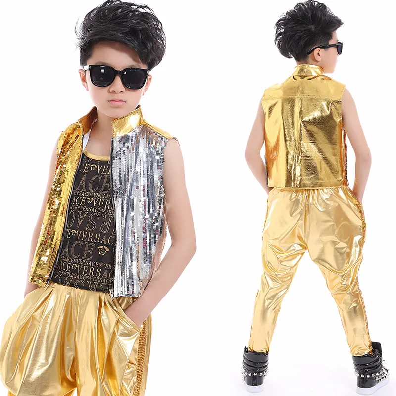 Jazz Costumes Children Gold Silver Sequin Vest Coat Boys Singer Clothes Stage Outfit Hip Hop Dance Performance Wear DNV12486