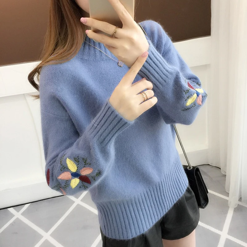 Winter Half Turtleneck Knitted Sweater Korean Pullover Women Clothes Fashion Embroidery Flower Pull Femme Loose Ladies Tops H818