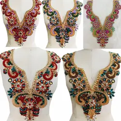 Handmademulticolored rhinestones lace applique sew on beads pearl patches trimming accessory for dress clothes neckline