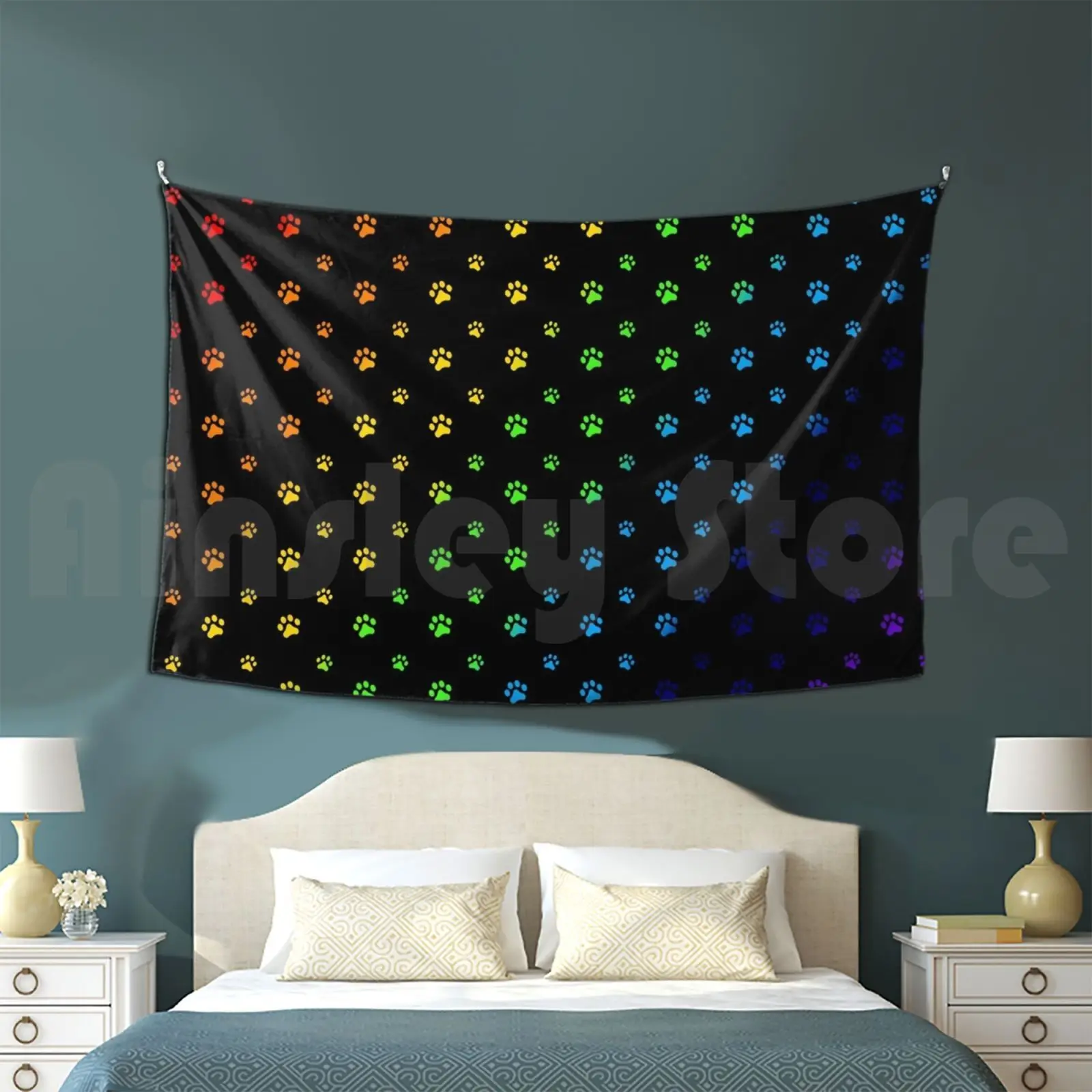 Rainbow Paws-Blk Tapestry Living Room Bedroom Face Cover Cover Paw Paws Paw Paw Pawprints Pawprint Dog Cat