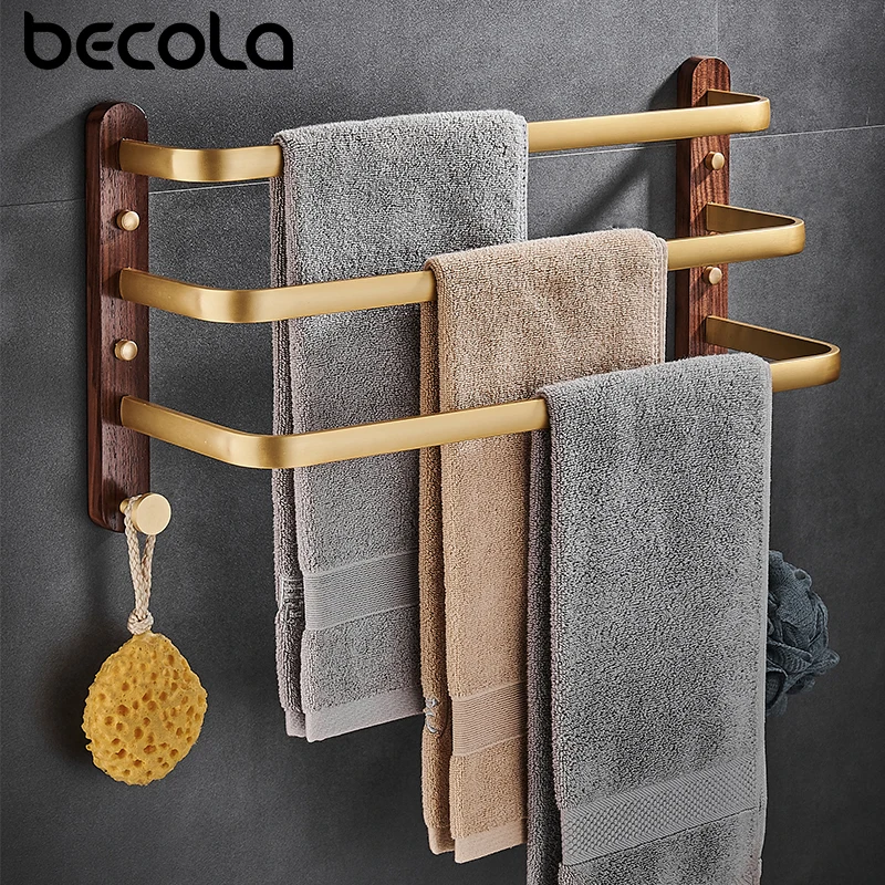 Aluminum Walnut Bathroom Wood Towel Holder  Bath Towel Rack Wooden Shelf Holder Towel Bar for Bathroom