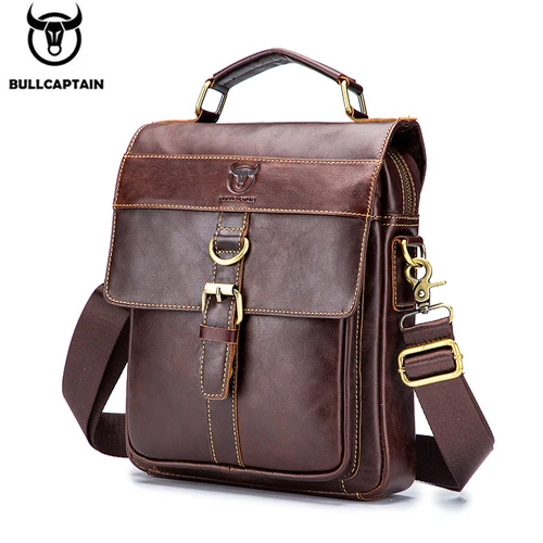 BULLCAPTAIN Bolso de hombro de cuero para hombre, bolso cruzado de negocios retro, bolso informal de moda de gran capacidad para estudiantes jóvenes