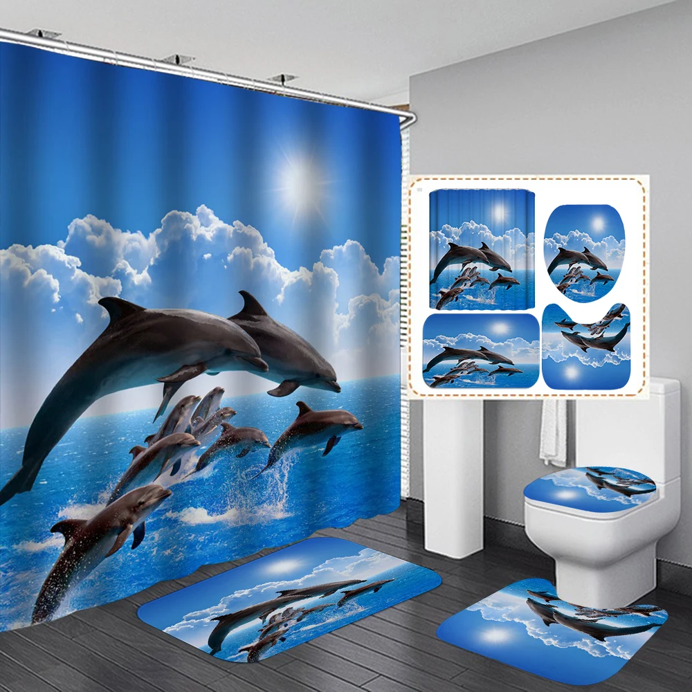 

3D Ocean Design Dolphin Waterproof Fabric Bathroom Curtain Blue Shower Curtains Set Anti-skid Rugs Toilet Lid Cover Bath Mat