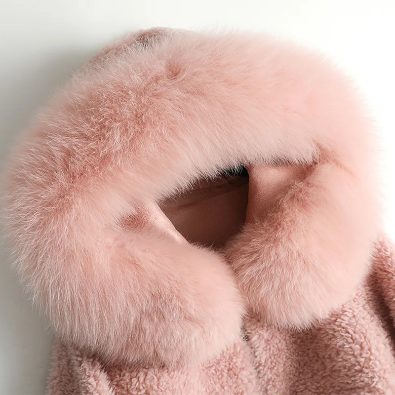 Real Fur Coat Female Pink Fox Fur Hooded Sheep Shearing Jacket Women Clothes 2019 Korean Vintage 100% Wool Tops Hiver 968