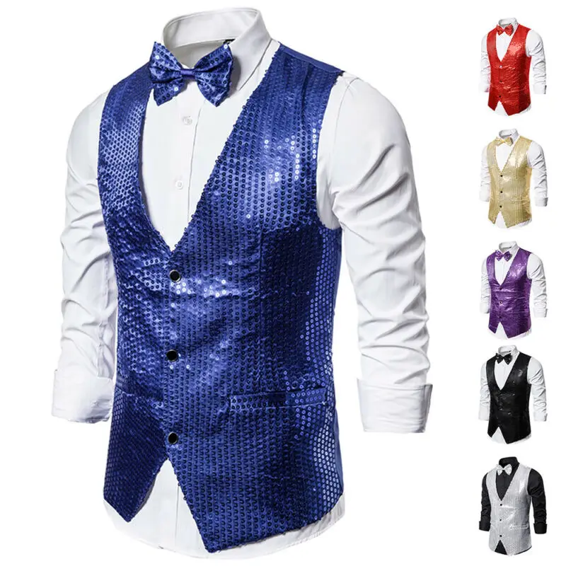 Stylish Men\'s Blazer Vest Coat Formal Slim Shiny Sequin Glitter Embellished Blazer Jacket Sequin Party Stage Coat