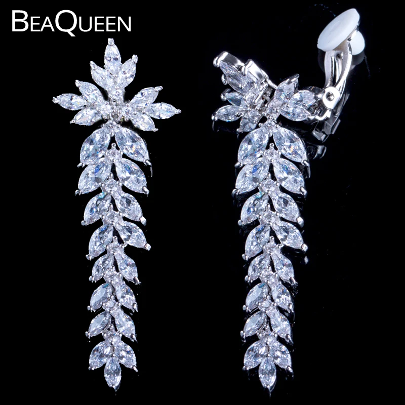 BeaQueen Japanese Long Leaf Shape Wedding No Pierced Clip On Earrings Cubic Zircon Clips No Hole Ear Jewelry for Women E200