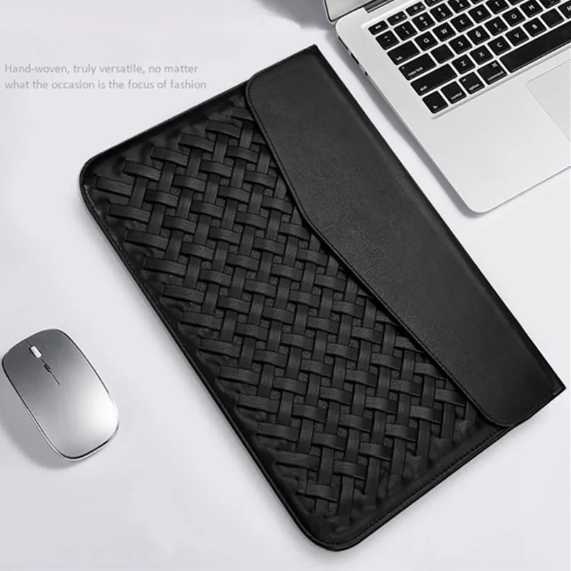 Business Waterproof Laptop Tablet Computer Bags General Hand Made PU Leather Protective Case Weave Clutch PC Liner Dust Cover