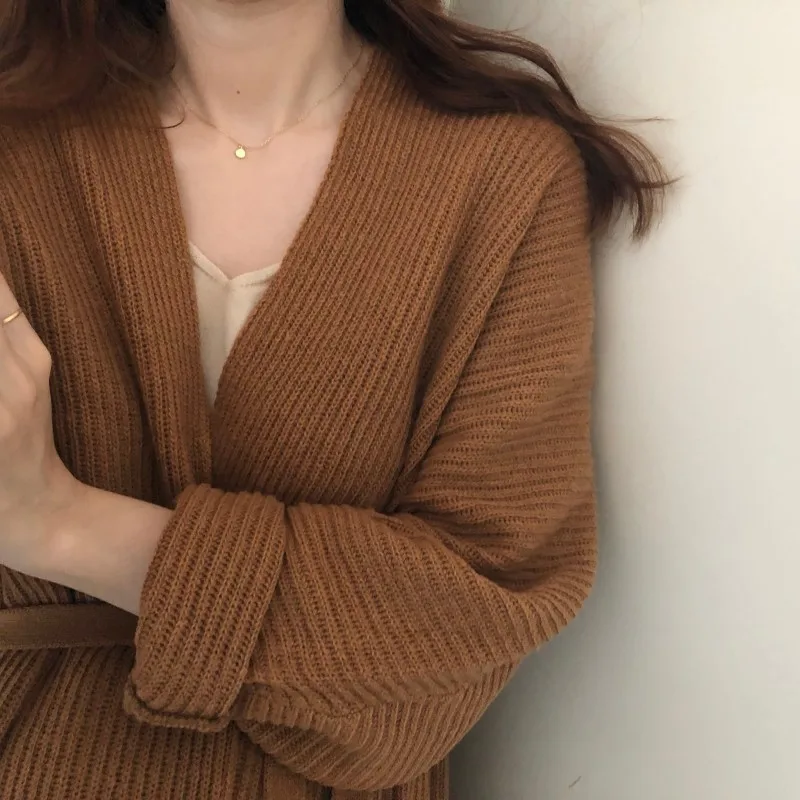 New Spring Autumn Women\'s Knitted Coat V-Neck Solid Color Sweater Outerwear With Belt Korean Style Loose Female Blouse