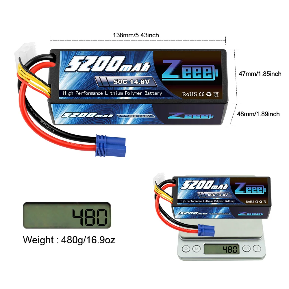 Zeee-Batterie Lipo avec prise EC5, boîtier rigide pour voiture RC, Bumosquito, Truggy, Inoler, Monster Boat, FPV Drone Model Parts, 4S, 14.8V, 5200mAh, 50C