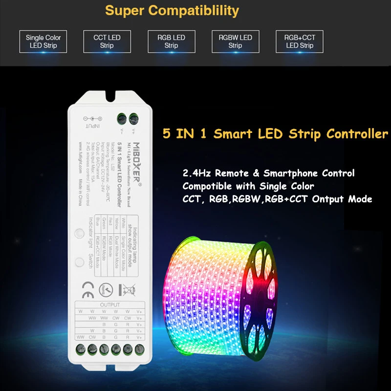 Miboxer LS2 5 IN 1 Smart LED Strip Controller 2.4Hz Remote & Smartphone Control Compotible CCT, RGB,RGBW,RGB+CCT LED Strip light