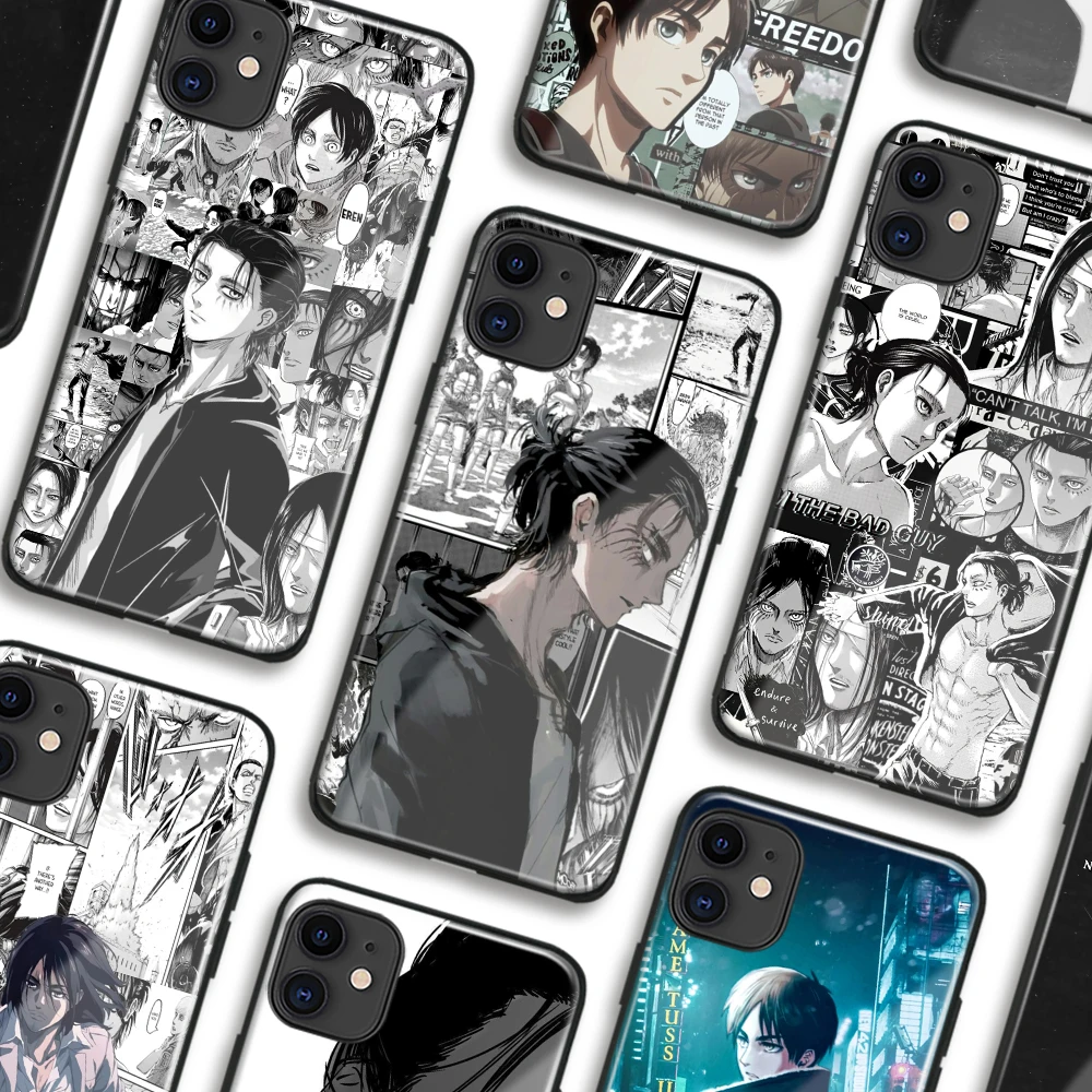 Eren Yeager Manga Tpu Silicone Glass Anime Phone Case for iPhone 7 8 14 15 16 Plus Xr Xs 12 13 Mini 11 14 15 16 Pro Max