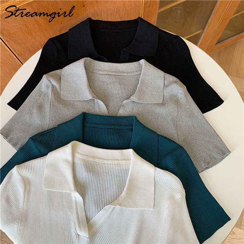 Streamgirl Polo Crop Top Women Summer 2021 Knitted Ice Silk T Shirt Short Sleeve Cropped Tshirts Women T-shirt Knitted Summer