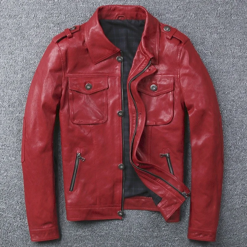 Mens Luxury Spring Autumn 100% Natural Sheepskin Moto Biker Windproof Coat Male Punk Genuine Leather Jacket Red Slim Rock Coats