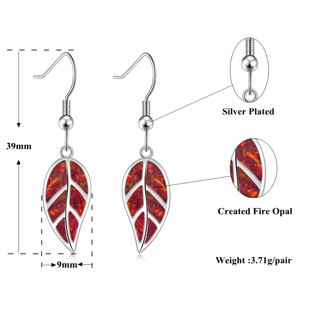 CiNily Red & Orange & Blue & White & Green Fire Opal Stone Dangle Earrings Silver Plated Leaf Drop Earring BOHO Summer Jewelry