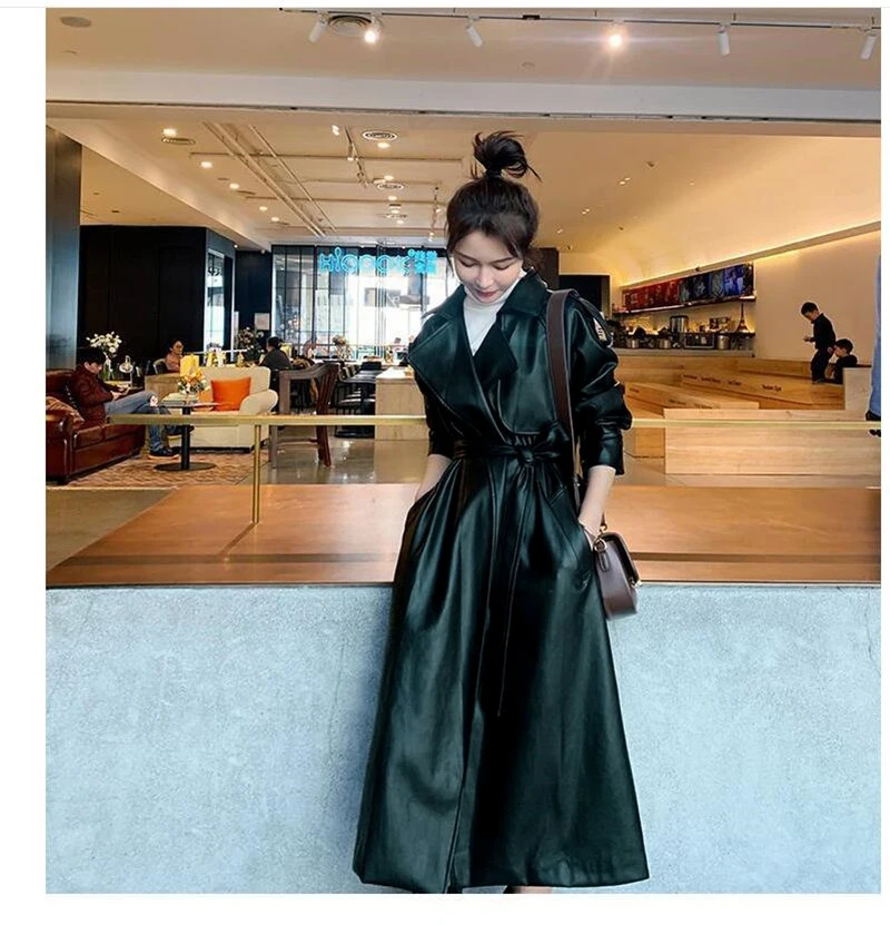 Nerazzurri Spring Black Oversized Long Waterproof Leather Trench Coat for Women 2021 Long Sleeve Loose Korean Fashion Clothing