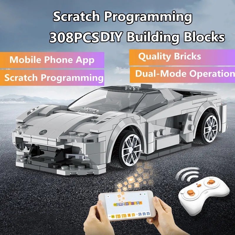 Scratch Programming Cool Looking Sport RC Cars 308PCS DIY Building Blocks APP Dual-Mode Control Radio Controlled Car Toy For Kid