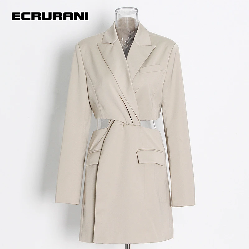 

ECRURANI Elegant Solid Hollow Out Dress For Women Notched Long Sleeve High Waist A Line Zipper Mini Dresses Females 2021 Stylish