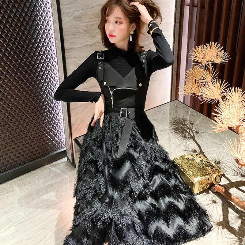 

New Fashion Women Skirt Bottoming Shirt Female High Waist Stitching Knitted Suspender Dress Two-piece Sets